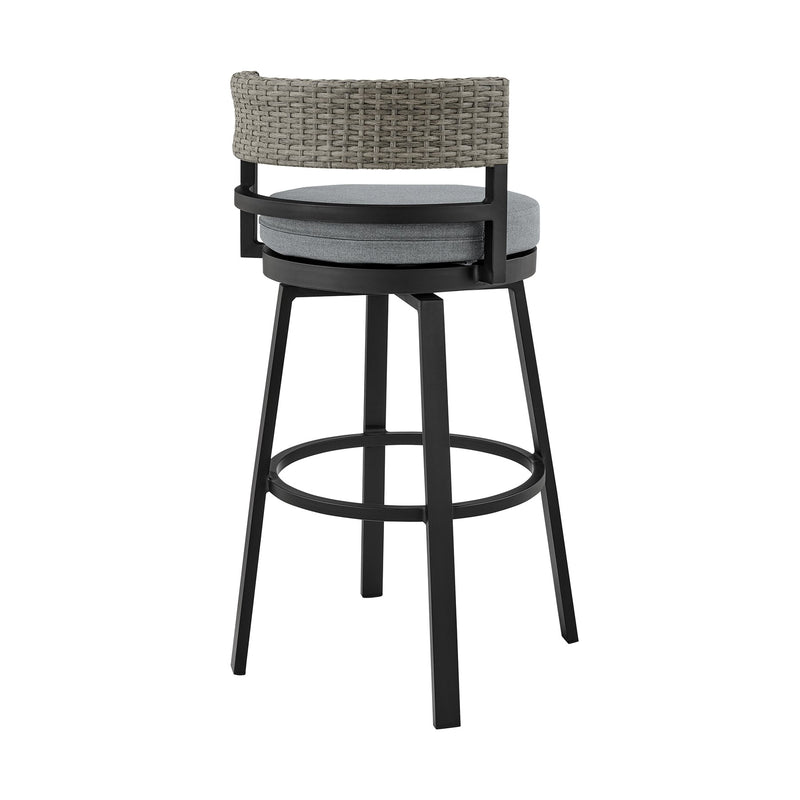 Encinitas Outdoor Patio Counter Height Swivel Bar Stool in Aluminum and Wicker with Gray Cushions - Furniture City (CA)l