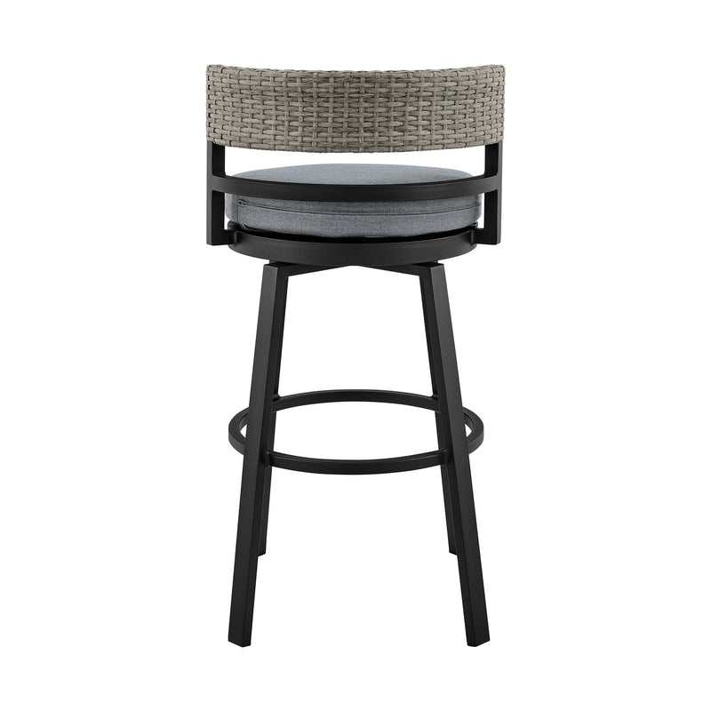 Encinitas Outdoor Patio Counter Height Swivel Bar Stool in Aluminum and Wicker with Gray Cushions - Furniture City (CA)l
