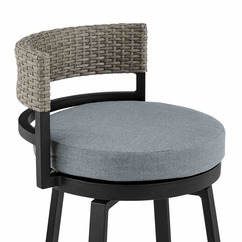 Encinitas Outdoor Patio Counter Height Swivel Bar Stool in Aluminum and Wicker with Gray Cushions - Furniture City (CA)l