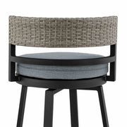 Encinitas Outdoor Patio Counter Height Swivel Bar Stool in Aluminum and Wicker with Gray Cushions - Furniture City (CA)l