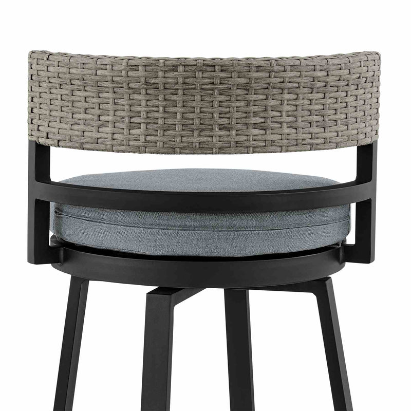 Encinitas Outdoor Patio Counter Height Swivel Bar Stool in Aluminum and Wicker with Gray Cushions - Furniture City (CA)l