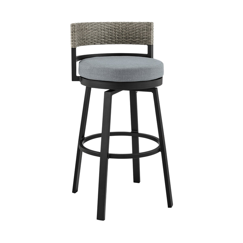 Encinitas Outdoor Patio Swivel Bar Stool in Aluminum and Wicker with Gray Cushions - Furniture City (CA)l