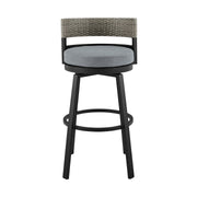 Encinitas Outdoor Patio Swivel Bar Stool in Aluminum and Wicker with Gray Cushions - Furniture City (CA)l