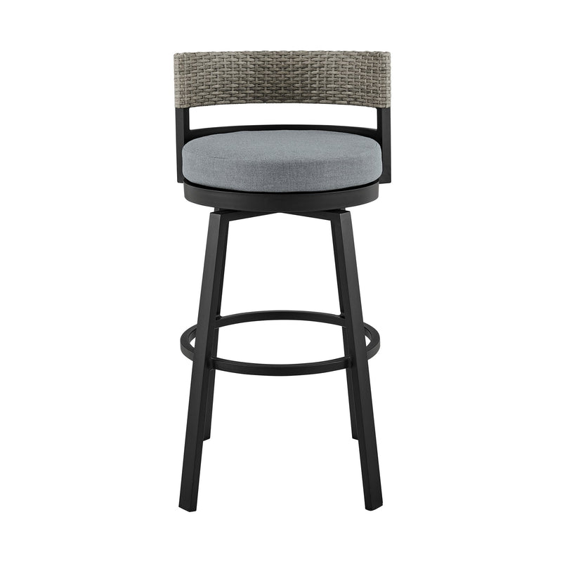 Encinitas Outdoor Patio Swivel Bar Stool in Aluminum and Wicker with Gray Cushions - Furniture City (CA)l