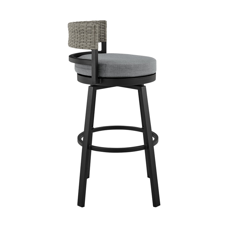 Encinitas Outdoor Patio Swivel Bar Stool in Aluminum and Wicker with Gray Cushions - Furniture City (CA)l