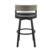 Encinitas Outdoor Patio Swivel Bar Stool in Aluminum and Wicker with Gray Cushions - Furniture City (CA)l