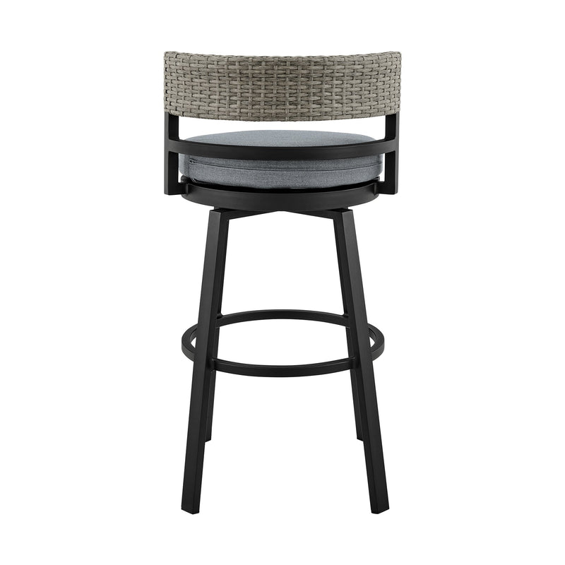 Encinitas Outdoor Patio Swivel Bar Stool in Aluminum and Wicker with Gray Cushions - Furniture City (CA)l
