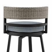 Encinitas Outdoor Patio Swivel Bar Stool in Aluminum and Wicker with Gray Cushions - Furniture City (CA)l