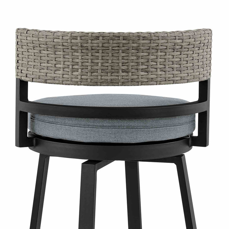 Encinitas Outdoor Patio Swivel Bar Stool in Aluminum and Wicker with Gray Cushions - Furniture City (CA)l