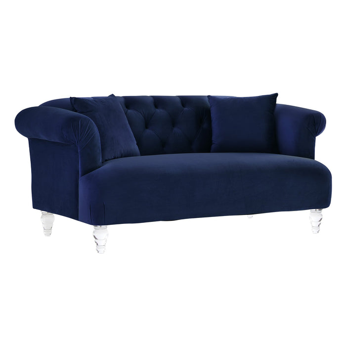 Elegance Contemporary Loveseat in Blue Velvet with Acrylic Legs