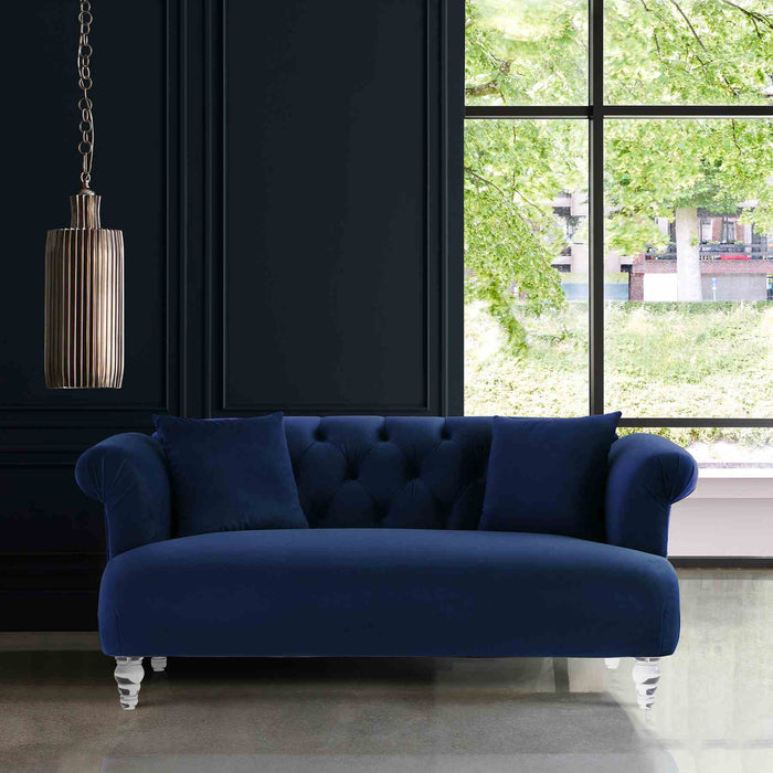 Elegance Contemporary Loveseat in Blue Velvet with Acrylic Legs
