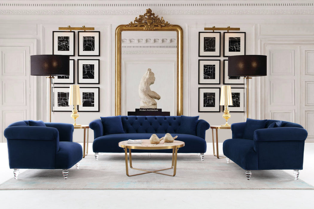 Elegance Contemporary Loveseat in Blue Velvet with Acrylic Legs