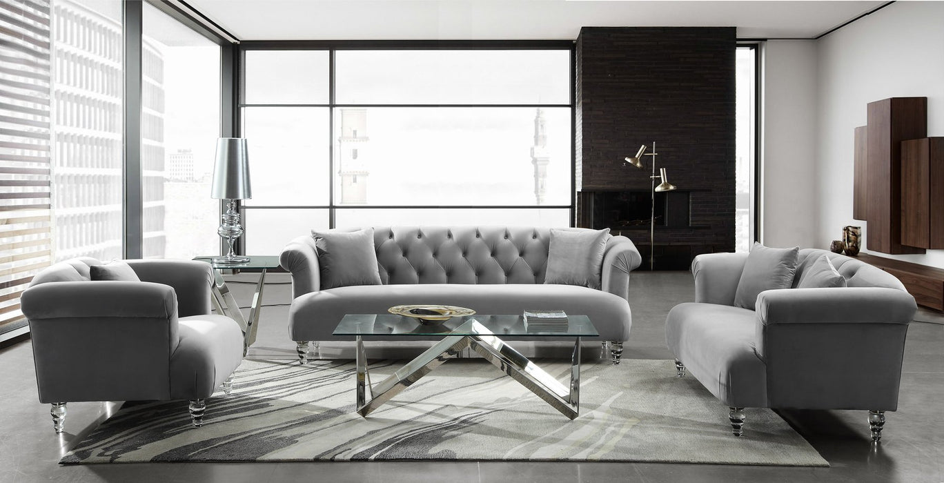 Elegance Contemporary Loveseat in Gray Velvet with Acrylic Legs