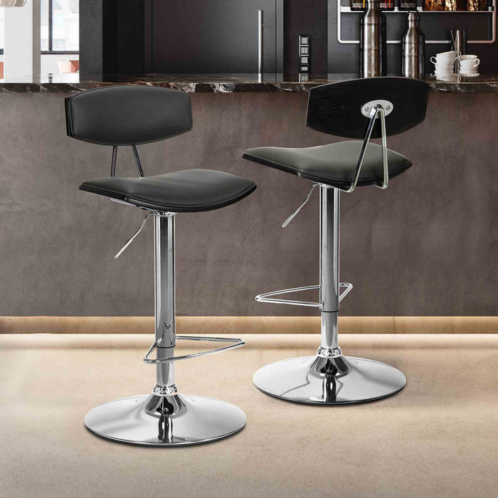 Erik Adjustable Gray Faux Leather Swivel Barstool with Chrome Base