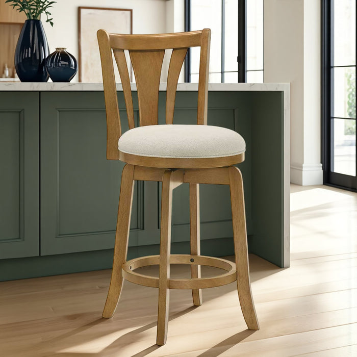 Elle 26 in. Amber Glow Counter Height Rubberwood Swivel Barstool with Ivory Fabric Seat