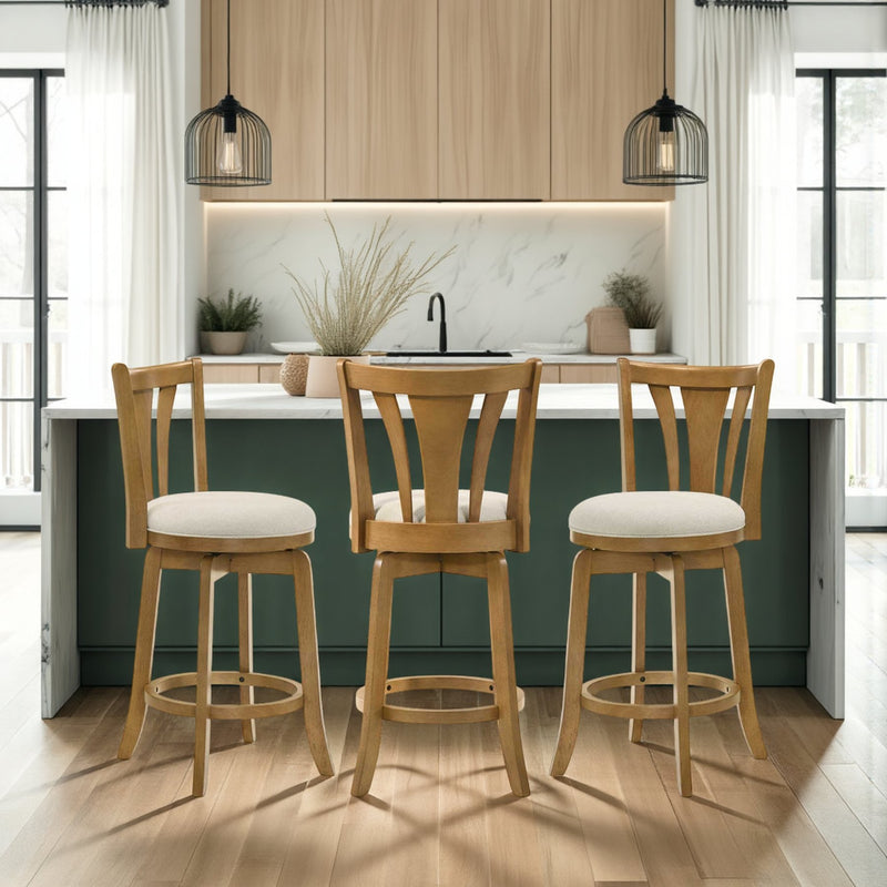 Elle 26 in. Amber Glow Counter Height Rubberwood Swivel Barstool with Ivory Fabric Seat - Furniture City (CA)l