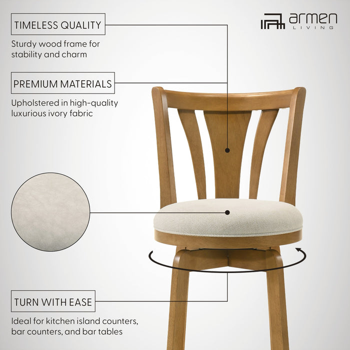 Elle 26 in. Amber Glow Counter Height Rubberwood Swivel Barstool with Ivory Fabric Seat