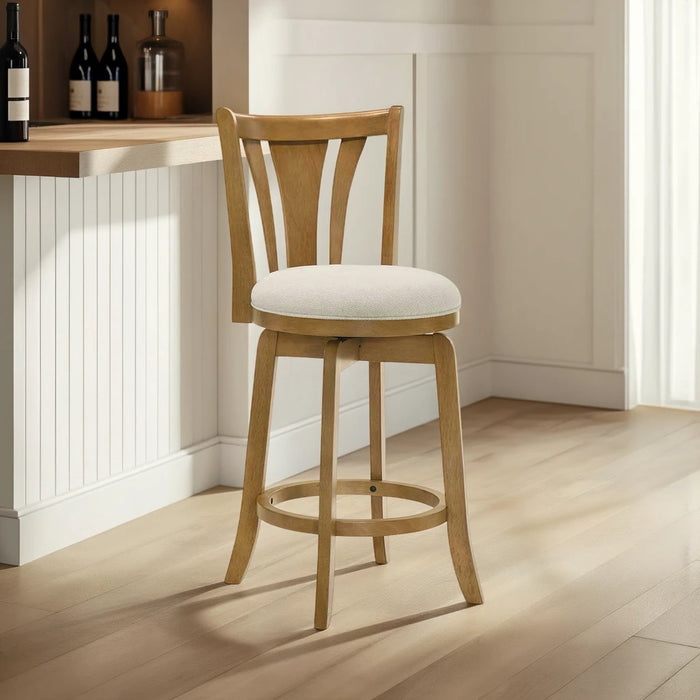 Elle 30 in. Amber Glow Bar Height Rubberwood Swivel Barstool with Ivory Fabric Seat