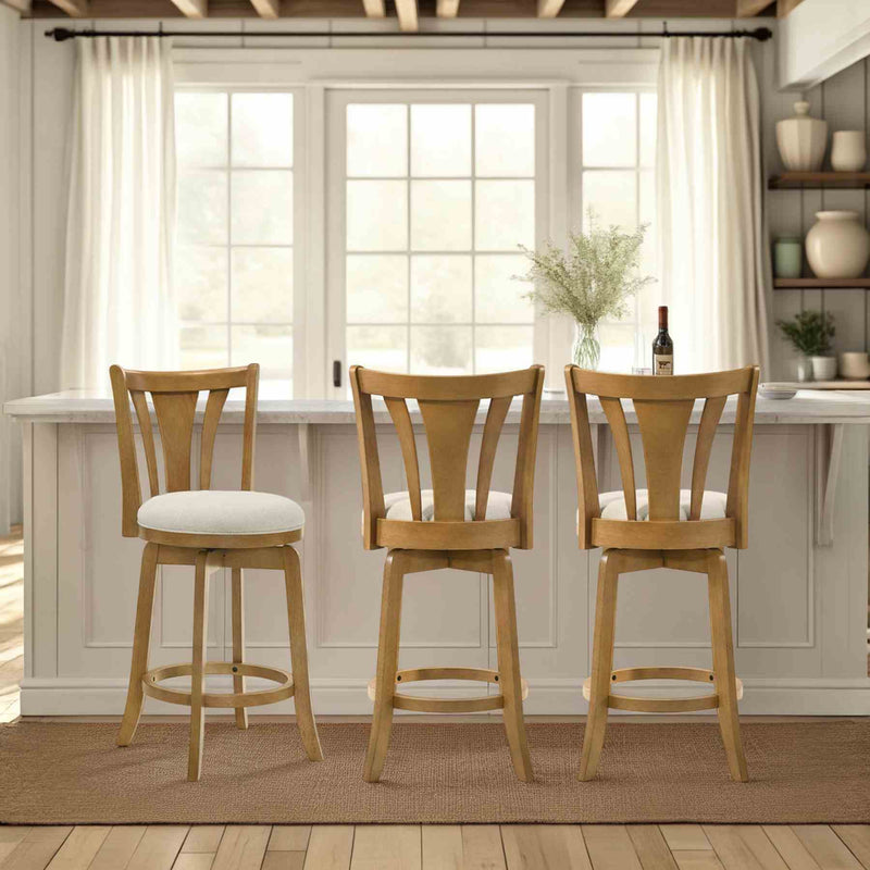 Elle 30 in. Amber Glow Bar Height Rubberwood Swivel Barstool with Ivory Fabric Seat - Furniture City (CA)l