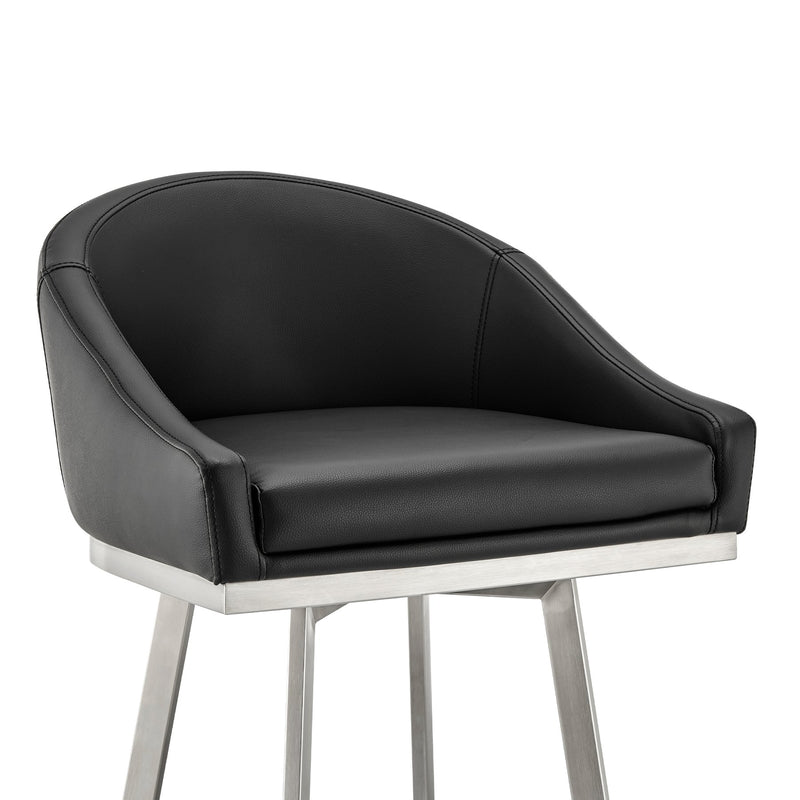 Eleanor 26" Swivel Counter Stool in Brushed Stainless Steel and Black Faux Leather - Furniture City (CA)l
