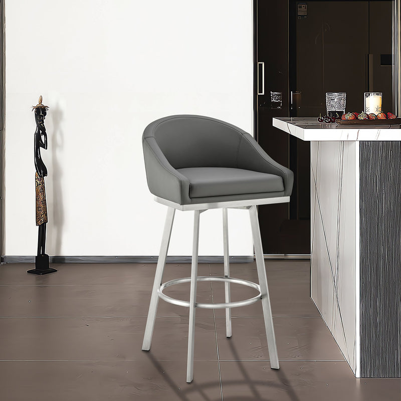 Eleanor 30" Swivel Bar Stool in Brushed Stainless Steel with Gray Faux Leather - Furniture City (CA)l