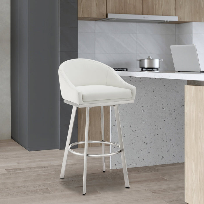 Eleanor 26" Swivel Counter Stool in Brushed Stainless Steel with White Faux Leather