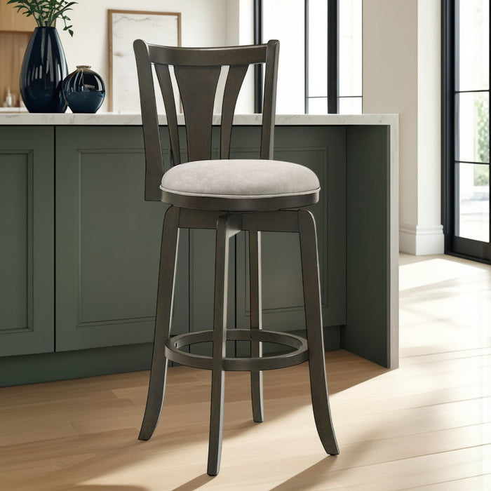 Elle 26 in. Dark Roast Counter Height Rubberwood Swivel Barstool with Grey Fabric Seat