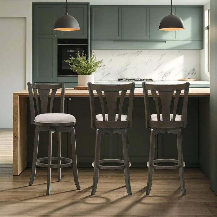 Elle 26 in. Dark Roast Counter Height Rubberwood Swivel Barstool with Grey Fabric Seat