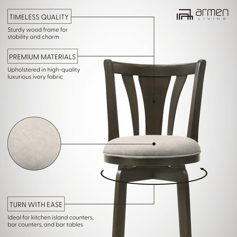 Elle 26 in. Dark Roast Counter Height Rubberwood Swivel Barstool with Grey Fabric Seat - Furniture City (CA)l