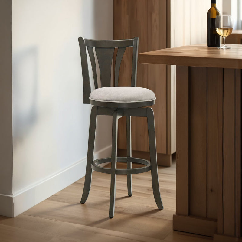 Elle 30 in. Dark Roast Bar Height Rubberwood Swivel Barstool with Grey Fabric Seat - Furniture City (CA)l