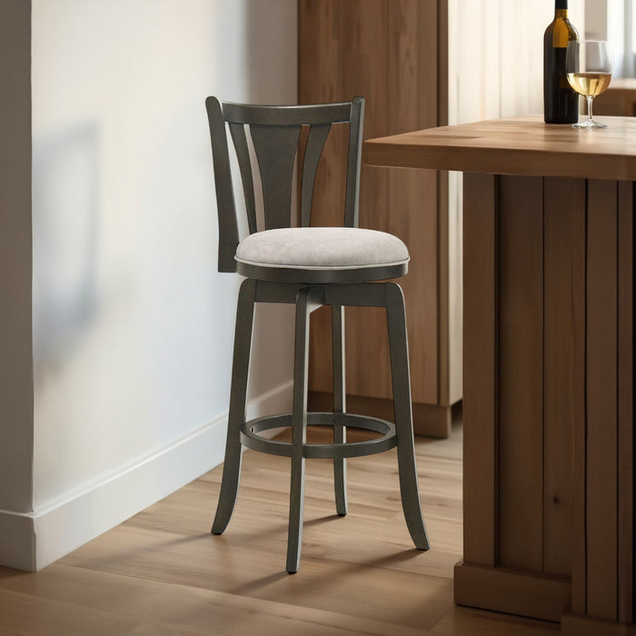 Elle 30 in. Dark Roast Bar Height Rubberwood Swivel Barstool with Grey Fabric Seat