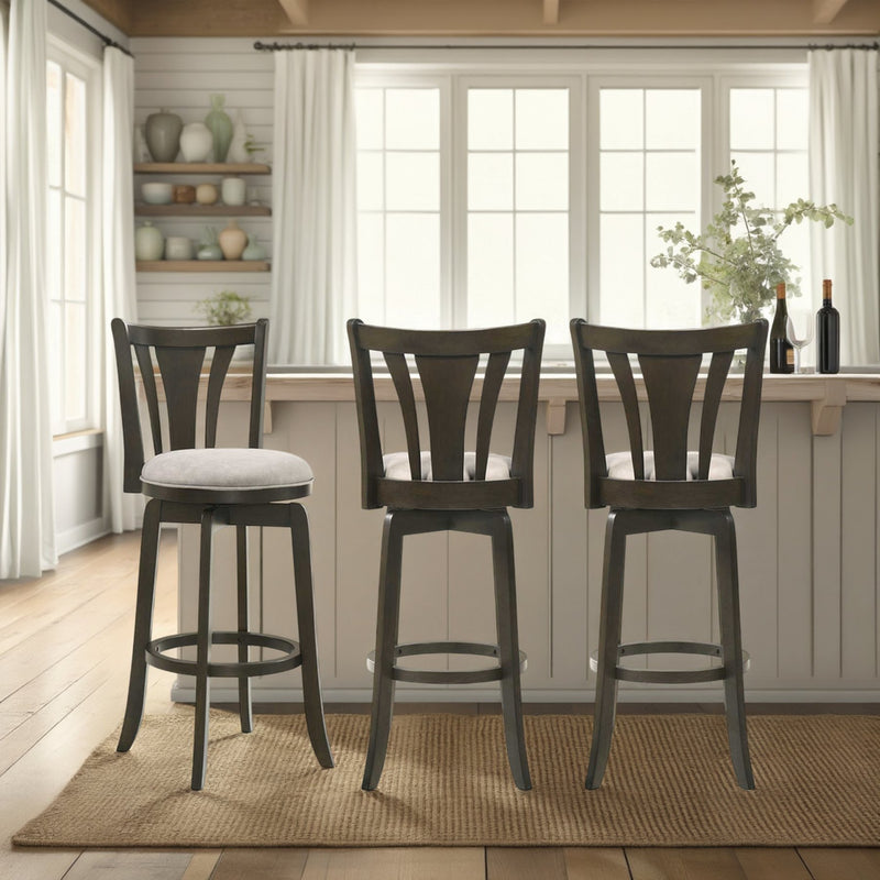 Elle 30 in. Dark Roast Bar Height Rubberwood Swivel Barstool with Grey Fabric Seat - Furniture City (CA)l
