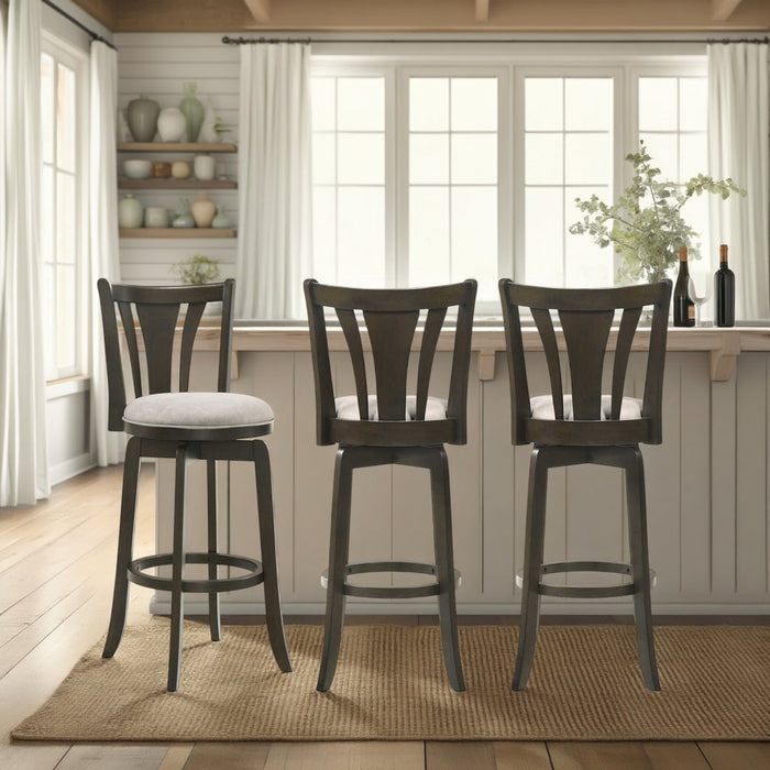 Elle 30 in. Dark Roast Bar Height Rubberwood Swivel Barstool with Grey Fabric Seat