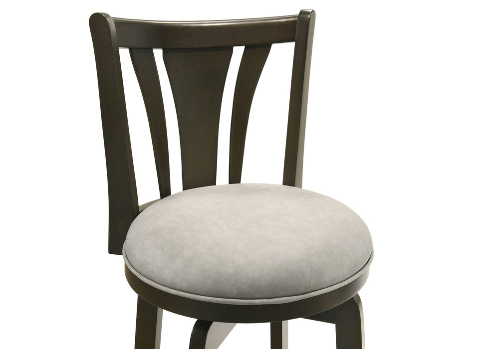 Elle 30 in. Dark Roast Bar Height Rubberwood Swivel Barstool with Grey Fabric Seat