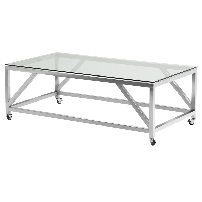 Enessa Contemporary Rectangular Coffee Table with Wheels in Brushed Stainless Steel with Tempered Glass Top - Furniture City (CA)l