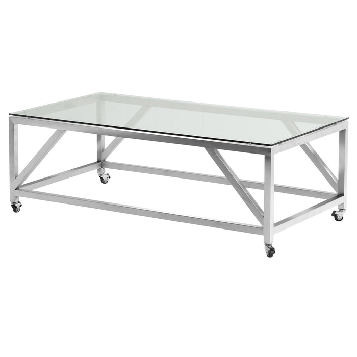Enessa Contemporary Rectangular Coffee Table with Wheels in Brushed Stainless Steel with Tempered Glass Top