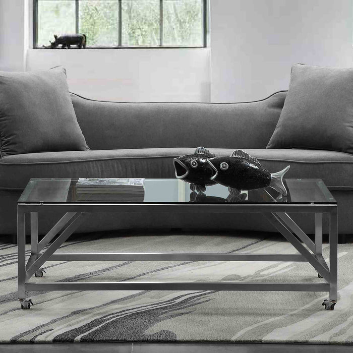 Enessa Contemporary Rectangular Coffee Table with Wheels in Brushed Stainless Steel with Tempered Glass Top