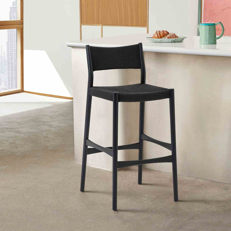 Erie Black Woven Paper Cord and Wood Counter Stool - Furniture City (CA)l