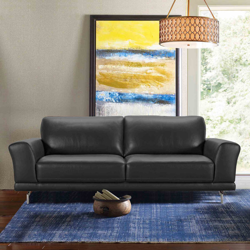 Everly Contemporary Sofa in Genuine Black Leather with Brushed Stainless Steel Legs - Furniture City (CA)l