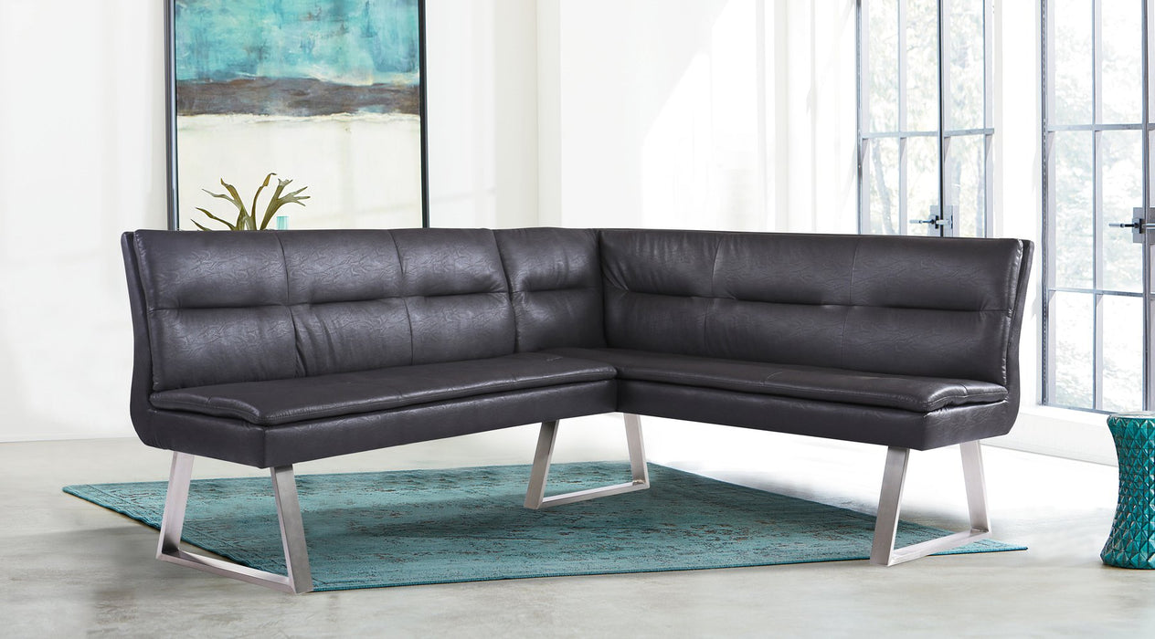 Fenton Contemporary Corner Nook in Brushed Stainless Steel Finish with Gray Faux Leather