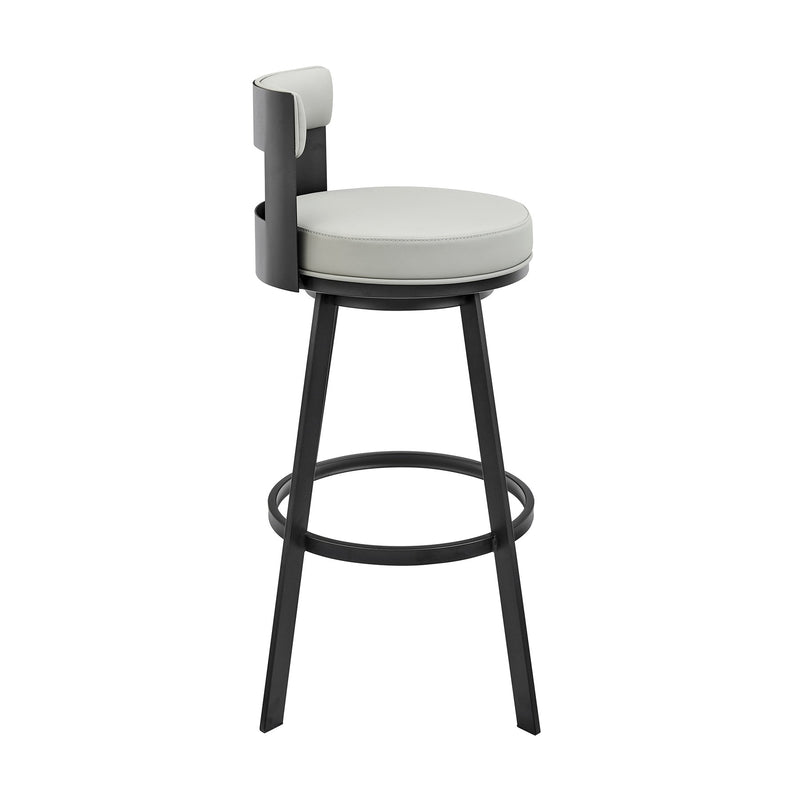 Flynn 30" Swivel Bar Stool in Black Metal with Light Gray Faux Leather - Furniture City (CA)l