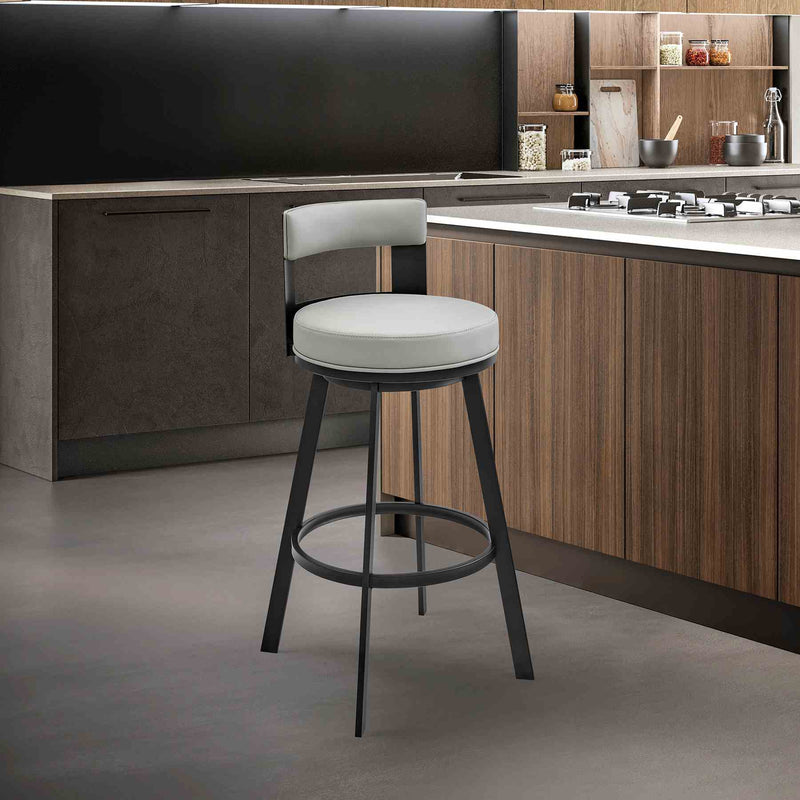 Flynn 30" Swivel Bar Stool in Black Metal with Light Gray Faux Leather - Furniture City (CA)l
