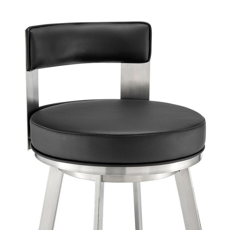 Flynn 26" Swivel Counter Stool in Brushed Stainless Steel with Black Faux Leather - Furniture City (CA)l