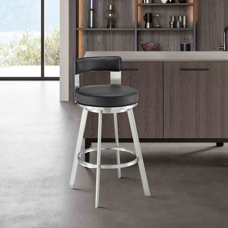 Flynn 26" Swivel Counter Stool in Brushed Stainless Steel with Black Faux Leather - Furniture City (CA)l