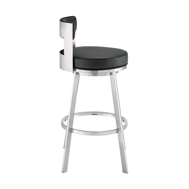 Flynn 30" Swivel Bar Stool in Brushed Stainless Steel with Black Faux Leather - Furniture City (CA)l