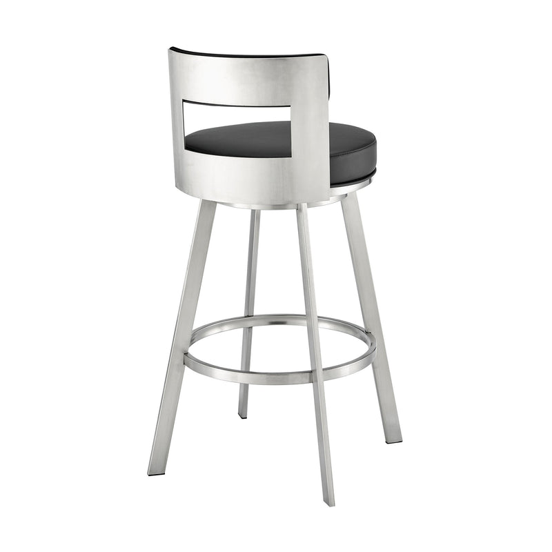 Flynn 30" Swivel Bar Stool in Brushed Stainless Steel with Black Faux Leather - Furniture City (CA)l
