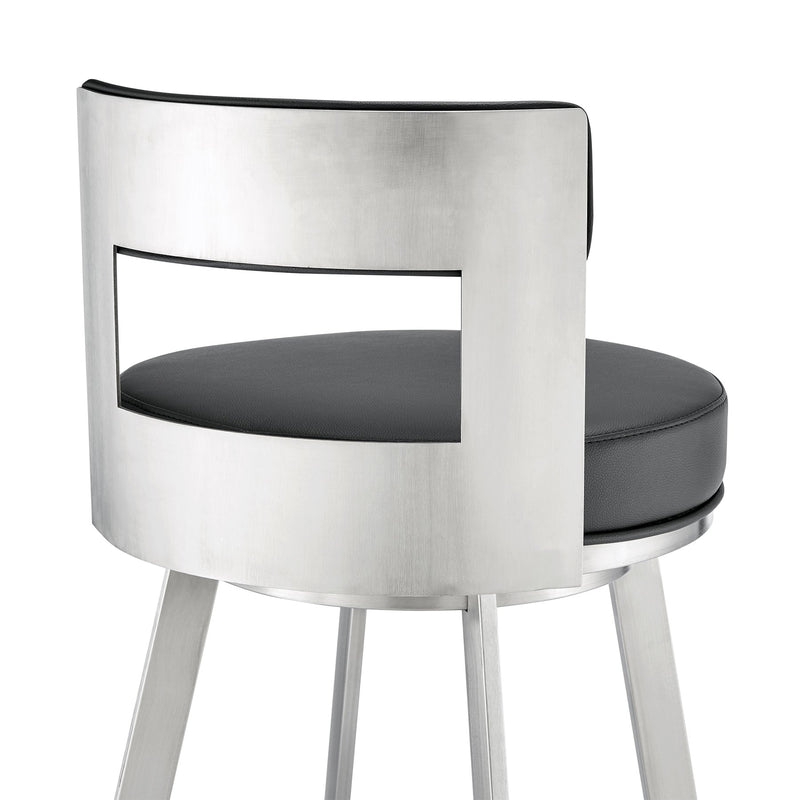 Flynn 30" Swivel Bar Stool in Brushed Stainless Steel with Black Faux Leather - Furniture City (CA)l