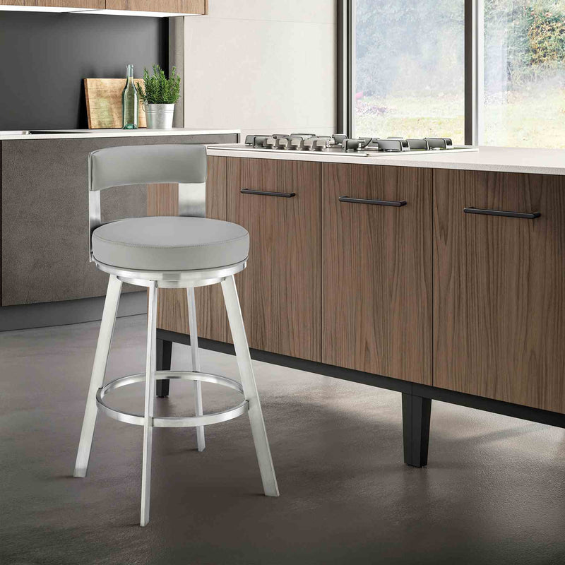 Flynn 26" Swivel Counter Stool in Brushed Stainless Steel with Light Gray Faux Leather - Furniture City (CA)l