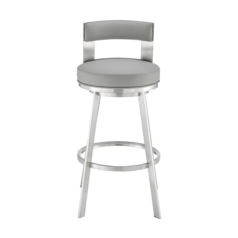 Flynn 30" Swivel Bar Stool in Brushed Stainless Steel with Light Gray Faux Leather - Furniture City (CA)l