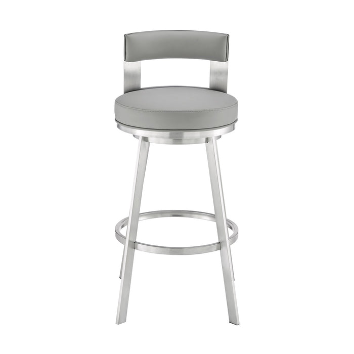 Flynn 30" Swivel Bar Stool in Brushed Stainless Steel with Light Gray Faux Leather